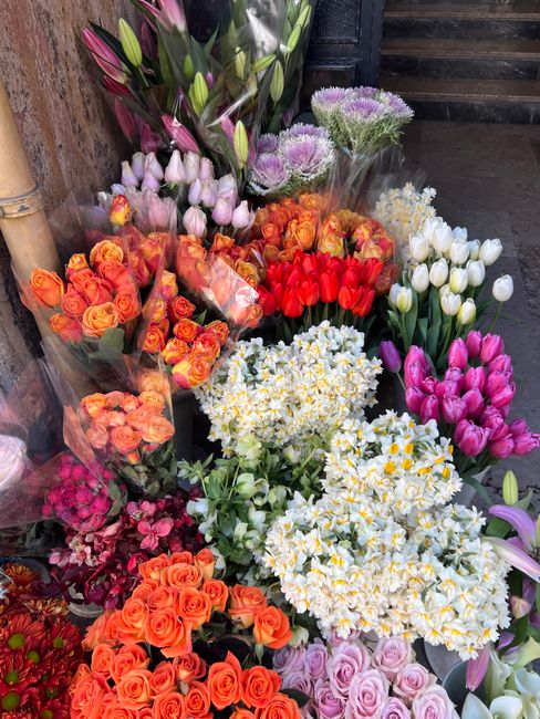 A vibrant display of fresh floral arrangements and bouquets at Hammersmith Flowers, featuring a variety of flowers in bright colors including orange and pink roses, white and purple tulips, soft pink