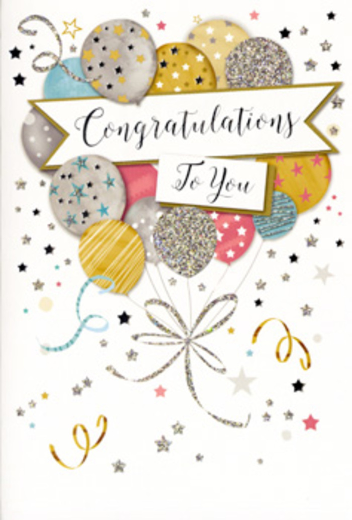 In this image, a stylish congratulations card stands as if waiting beside a fresh bouquet at Hammersmith Flowers, capturing the spirit of a well-earned celebration. The central artwork is a clustered bouquet of balloons, layered so that each one partially overlaps the next, creating a pleasing sense of fullness and upward movement. The balloons are coloured in a gentle, sophisticated mix of metallic gold, silver, champagne, soft sky blue, rosy blush pink, and muted grey, their surfaces patterned with tiny five-point stars, narrow stripes, and sparkling speckles that resemble fine glitter or foil. They glow softly against a pale backdrop, almost as though they are lit by diffused afternoon light filtering through a window overlooking the Thames. Long, curling ribbons in gold and silver descend from the base of the balloons, looping and twisting in elegant shapes, like trailing stems and foliage in a hand-tied bouquet. Across the centre of this floating arrangement stretches a graceful banner, slightly curved and settling comfortably among the balloons. On it, the words Congratulations To You are written in an ornate, flowing script that feels warm and sincere, perfect for acknowledging big moments such as graduations, promotions, or special achievements. The surrounding space is scattered with playful details: tiny stars, curls, and small confetti-like dots that dance around the design, capturing the feeling of a joyful toast in a favourite Hammersmith café. The overall look is polished yet light-hearted, with a calm, celebratory atmosphere. Paired with fresh blooms delivered locally, this card would feel right at home accompanying surprises sent to homes and offices around Hammersmith, from King Street to the quiet residential lanes nearby.
