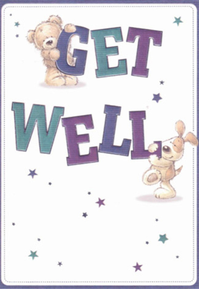 Brimming with gentle reassurance, this get well card features an affectionate teddy bear and a lively puppy, each rendered with delightfully textured strokes that invite the viewer to imagine their soft touch. Flashes of playful stars, painted in purples and aquas, create a sense of good wishes floating through the pristine white space. The typography-strong, bold, and shaded in deep violets and soothing teals-anchors the design with confident warmth, spelling out 'Get Well' as if each letter were carefully arranged for maximum cheer. The overall composition suggests a sense of airiness and ease, capturing the gentle optimism that defines so many Hammersmith neighbours. It's easy to picture this card accompanying a bright bouquet from Hammersmith Flowers delivered near Ravenscourt Park or busy King Street, combining visual whimsy and true compassion. The scene radiates comfort, like the soft fragrance of fresh lilies wafting through a local home, making it an ideal way to express heartfelt wishes and support when someone in the area is in need of encouragement.
